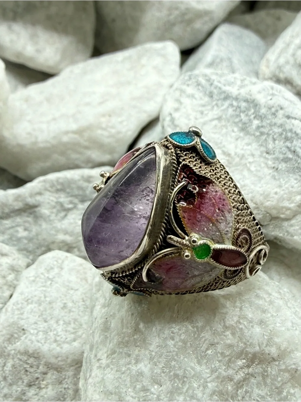 Vintage Chinese Export Sterling Silver Amethyst Enamel Butterfly Ring Size 7 10g